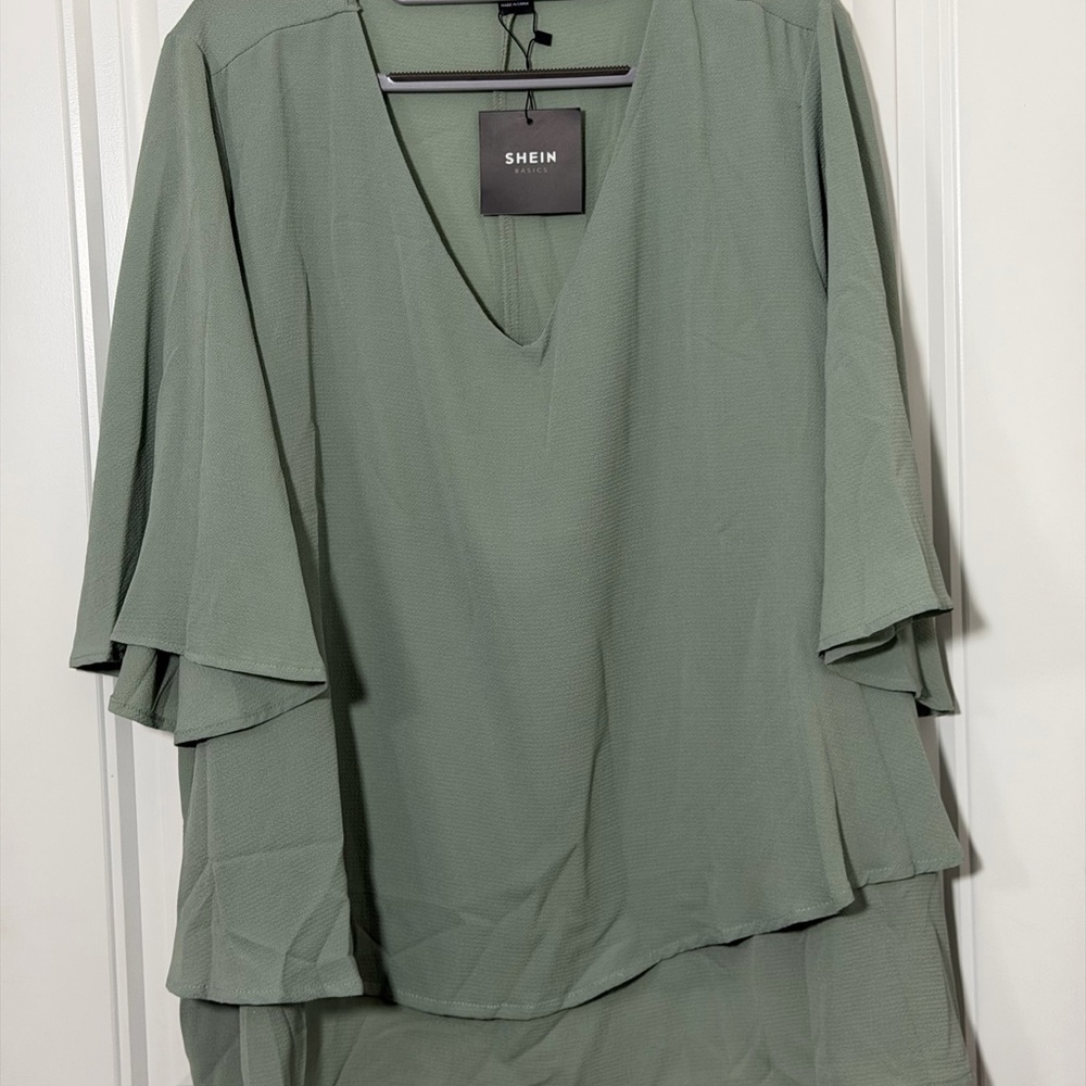SHEIN Sage Green V-Neck Tiered Sleeve Blouse